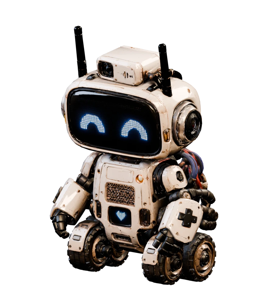 B1123, a small repaired robot looking upward with glowing blue eyes